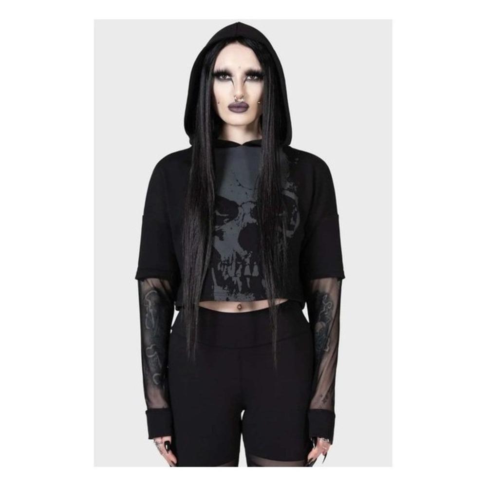 Killstar chilled bone cropped hoodie black mesh‎ long sleeves skull design
